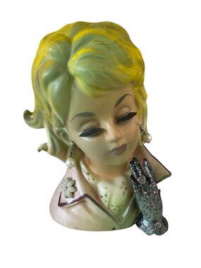 Vintage Ceramic Lady Head Vase With Glittered Glove